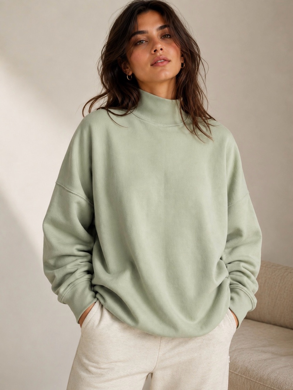 Aritzia TNA CozyAF Funnel Neck Sage Green Sweatshirt Size S